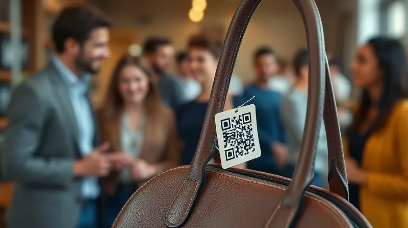 A photorealistic close-up of a beautifully designed accessory, perhaps a handbag or a watch, with a subtle, elegant QR code tag attached. The background is softly blurred with a diverse group of people smiling and engaging in conversation, symbolizing consumer trust and community. Cinematic lighting, sharp focus on the accessory and QR code, depth of field blurring the background, 8K hyper-detailed, professional photography, shot on a high-end DSLR.