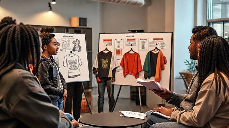 A photorealistic, professional photography, 8K, cinematic lighting, sharp focus, depth of field, shot on a high-end DSLR, showing a diverse group of young people gathered in a modern, inclusive community space, engaged in a thoughtful discussion about new streetwear designs displayed on a mood board. They are offering constructive feedback, and the designer is actively listening and taking notes, conveying openness and humility.