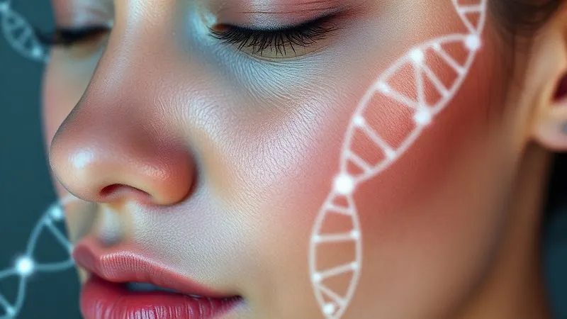 A photorealistic close-up of a diverse individual's perfectly hydrated and radiant skin, with subtle, glowing digital patterns representing DNA strands overlaid, symbolizing personalized skincare, professional photography, 8K, cinematic lighting, sharp focus, depth of field, shot on a high-end DSLR.
