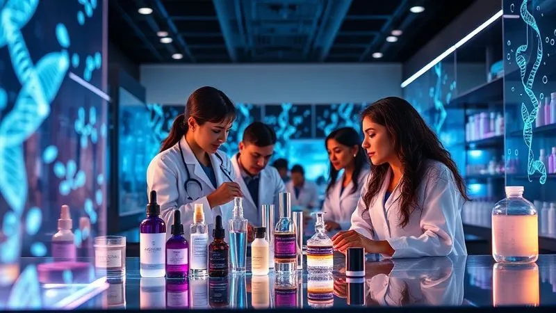 A photorealistic conceptual image depicting a futuristic beauty lab, with glowing holographic displays showing abstract DNA sequences and personalized cosmetic bottles, a diverse group of scientists collaboratively working, symbolizing innovation, ethics, and future responsibility, professional photography, 8K, cinematic lighting, sharp focus, depth of field, shot on a high-end DSLR.
