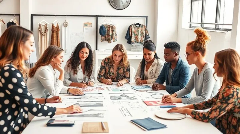 A photorealistic image of a diverse team of fashion professionals collaborating around a large table, looking engaged and inclusive, with design sketches and fabric swatches. The lighting is bright and inspiring, shot on a high-end DSLR with sharp focus on their interaction, 8K hyper-detailed.