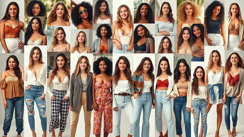A photorealistic, professional photography, 8K, cinematic lighting, sharp focus, depth of field, shot on a high-end DSLR image of a mosaic collage of diverse user-generated content photos, showing real women of various body types, ages, and ethnicities confidently wearing feminine fashion. The images are arranged organically, conveying community and authentic style, with a soft, inviting glow.