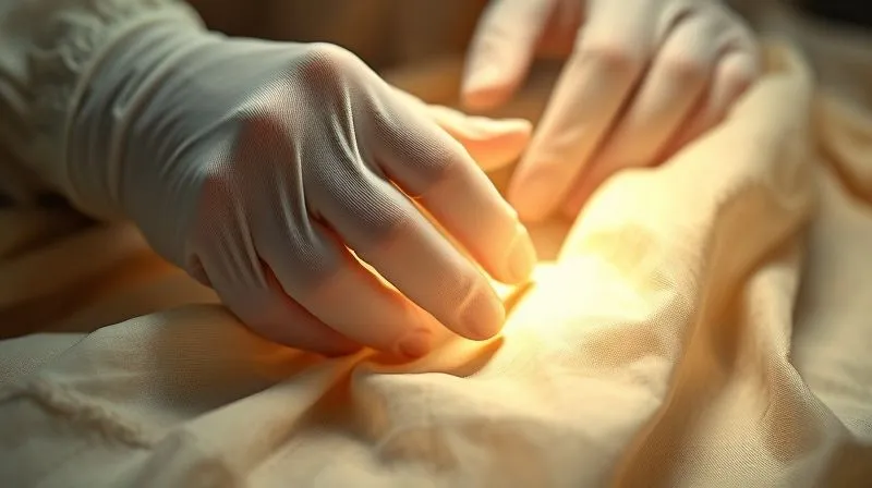 A close-up, photorealistic image of a vintage textile conservator's hands, wearing white cotton gloves, gently examining a fragile, aged silk garment under a bright, focused light. The fabric shows subtle signs of degradation, with visible delicate threads. Professional photography, 8K, cinematic lighting, sharp focus on the hands and fabric, depth of field blurring the background, shot on a high-end DSLR.
