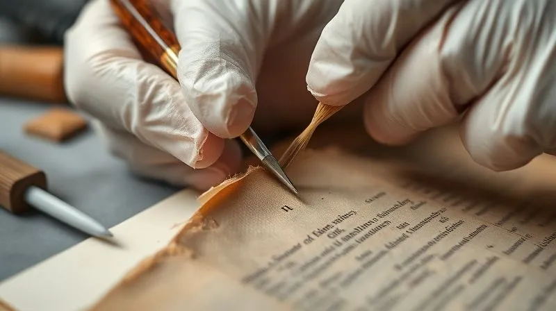A close-up, photorealistic image of a conservator's hands, wearing gloves, carefully applying a tiny amount of conservation-grade adhesive with a fine brush to a delicate, torn edge of a vintage document or textile. The focus is on the precision and gentle technique, with a blurred background of specialized tools. Professional photography, 8K, cinematic lighting, sharp focus, depth of field, shot on a high-end DSLR.
