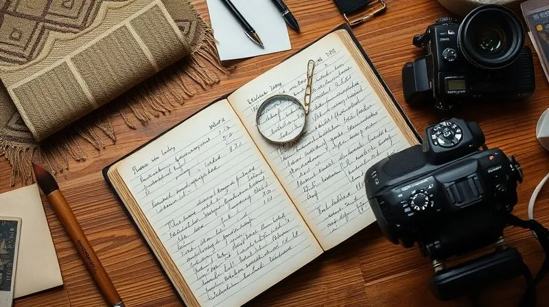 A photorealistic, professional overhead shot of a conservator's desk, neatly organized with a vintage textile, a magnifying glass, a detailed logbook open to handwritten notes, and a digital camera capturing images of the textile. The scene suggests meticulous documentation. Professional photography, 8K, cinematic lighting, sharp focus, depth of field, shot on a high-end DSLR.