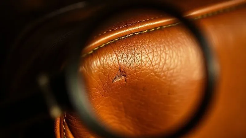 photorealistic, professional photography, 8K, cinematic lighting, sharp focus, depth of field, shot on a high-end DSLR. A close-up, detailed shot of a vintage leather handbag's corner showing a visible scuff mark and minor color loss, illuminated by soft, focused light, with a magnifying glass slightly blurring in the foreground.