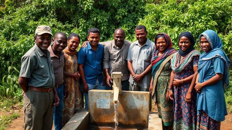 photorealistic, professional photography, 8K, cinematic lighting, sharp focus, depth of field, shot on a high-end DSLR. A group of small-scale artisanal miners and community members gathered around a newly installed clean water pump, smiling and interacting with a representative from a jewelry brand, symbolizing community development and partnership. Lush green vegetation in the background.