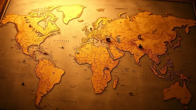 photorealistic, professional photography, 8K, cinematic lighting, sharp focus, depth of field, shot on a high-end DSLR. A detailed, antique-style map with intricate lines highlighting a complex global supply chain for raw materials, with small icons representing mining sites, ports, and workshops. The map has a warm, inviting glow, suggesting transparency and connectivity.