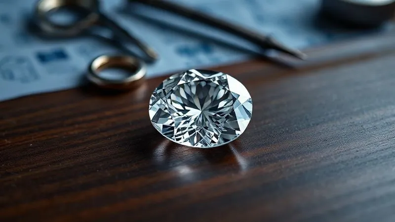 photorealistic, professional photography, 8K, cinematic lighting, sharp focus, depth of field, shot on a high-end DSLR. A perfectly cut, sparkling, conflict-free gemstone resting on a polished dark wood surface, with a blurred background of delicate jewelry tools and a blueprint, symbolizing precision, ethics, and craftsmanship.