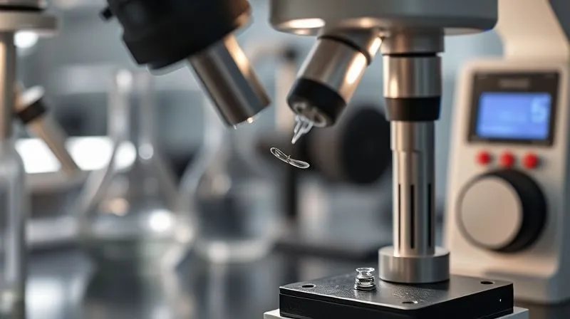 A photorealistic close-up of a sophisticated laboratory setting, with scientific instruments meticulously testing a small, elegant hair accessory component. A focused beam of light highlights the component undergoing a stress test, perhaps a tiny claw being pulled or a metal pin being bent. Glass beakers and digital readouts are softly blurred in the background, conveying precision and scientific rigor. Professional photography, 8K, cinematic lighting, sharp focus, depth of field, shot on a high-end DSLR.