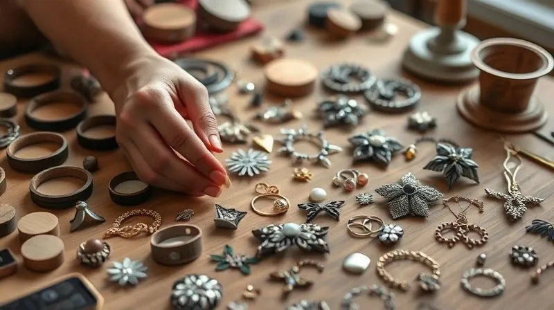 A photorealistic, highly detailed image of an artisan's workbench, featuring an array of innovative, sustainable materials for luxury hair accessories. There are delicate pieces made from polished reclaimed wood, intricate designs crafted from plant-based bioplastics, and shimmering elements from recycled precious metals. A designer's hands are gently arranging these components, suggesting creativity and forward-thinking. The lighting is soft and natural, emphasizing the beauty and texture of the materials. Professional photography, 8K, cinematic lighting, sharp focus, depth of field, shot on a high-end DSLR.
