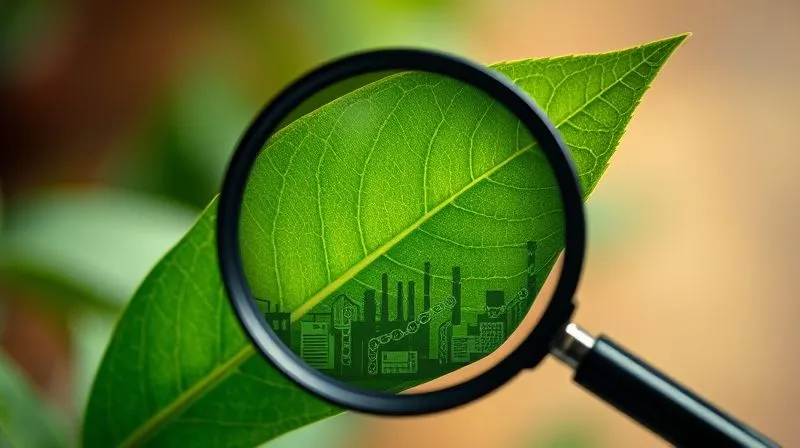 A photorealistic image showing a magnifying glass over a green leaf that is subtly revealing a complex, industrial supply chain underneath, symbolizing the hidden aspects of greenwashing. The background is blurred, representing confusion, while the magnified area is sharply focused, revealing intricate details. Professional photography, 8K, cinematic lighting, sharp focus, depth of field, shot on a high-end DSLR.