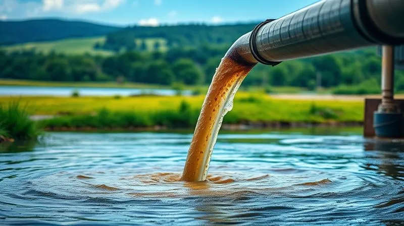 A stark, photorealistic image of industrial wastewater pipes discharging discolored effluent into a natural river, contrasting with a vibrant green landscape in the distance. The scene is professional photography, 8K, cinematic lighting, sharp focus on the discharge point, with depth of field blurring the background. It evokes environmental concern and the impact of traditional tanning. (No text, logos, or illustrations)