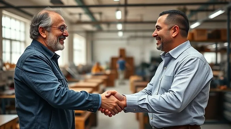 A professional photography, 8K, cinematic lighting, sharp focus, depth of field, shot on a high-end DSLR image of two individuals, one a shoemaker/brand owner and the other a tannery representative, shaking hands warmly in a modern, clean tannery environment. In the background, well-organized leather processing machinery is visible, with natural light streaming through large windows. The scene conveys trust, partnership, and transparency in a sustainable supply chain. (No text, logos, or illustrations)