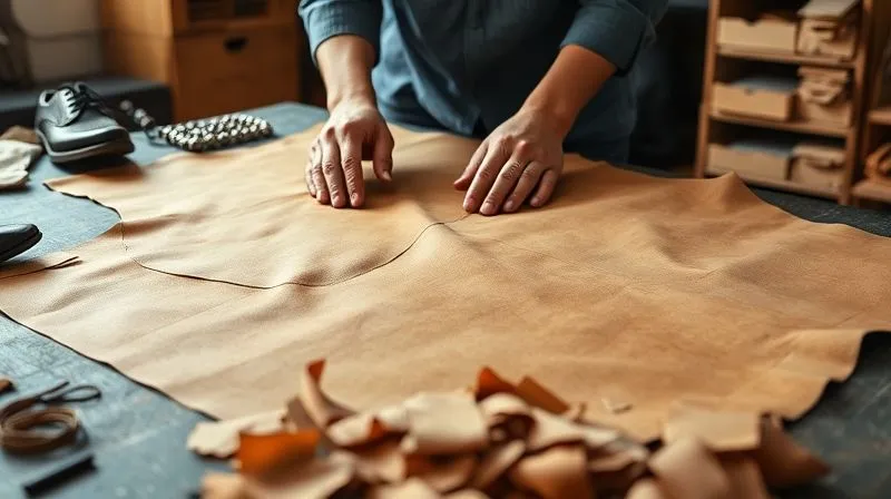 A photorealistic, professional photography, 8K, cinematic lighting, sharp focus, depth of field, shot on a high-end DSLR image of a shoemaker's hands carefully laying out a pattern on a large piece of high-quality, naturally-textured leather, with smaller leather scraps neatly organized in the foreground, suggesting efficient material utilization. The workshop is bathed in soft, natural light, highlighting the craftsmanship and thoughtful design process. (No text, logos, or illustrations)