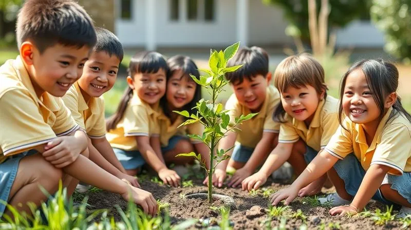 photorealistic, professional photography, 8K, cinematic lighting, sharp focus, depth of field, shot on a high-end DSLR, a diverse group of elementary school children, wearing simple, well-made uniforms, happily planting a tree in a school garden. The scene is bright and hopeful, emphasizing community, environmental responsibility, and education.