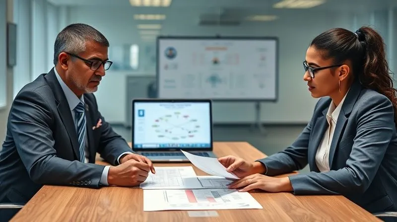 photorealistic, professional photography, 8K, cinematic lighting, sharp focus, depth of field, shot on a high-end DSLR, two diverse school administrators in professional attire, sitting at a modern conference table, engaged in a serious but collaborative discussion with a uniform supplier representative. They are reviewing documents and asking questions, with a laptop displaying a supply chain diagram in the background, conveying transparency and due diligence.