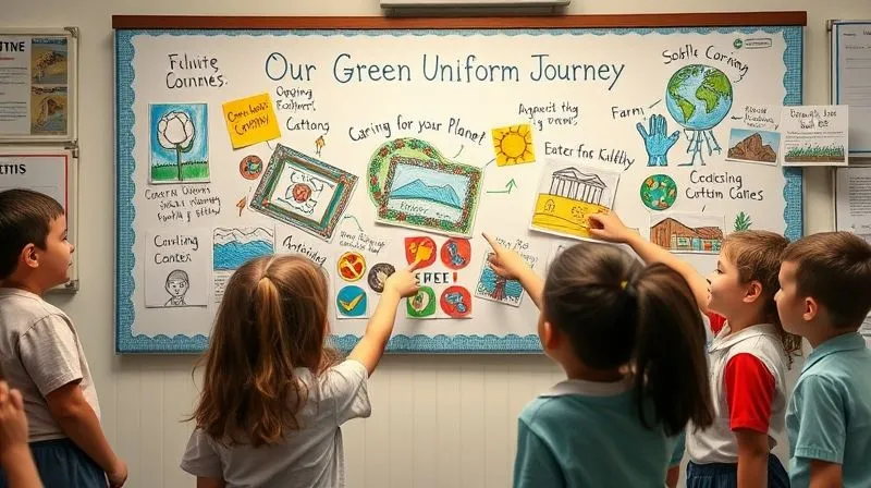 photorealistic, professional photography, 8K, cinematic lighting, sharp focus, depth of field, shot on a high-end DSLR, a vibrant school bulletin board filled with colorful, handmade drawings and photos illustrating the journey of a sustainable school uniform, from organic cotton farm to happy students. Text on the board includes phrases like 'Our Green Uniform Journey' and 'Caring for Our Planet'. Students are gathered around, pointing and learning.