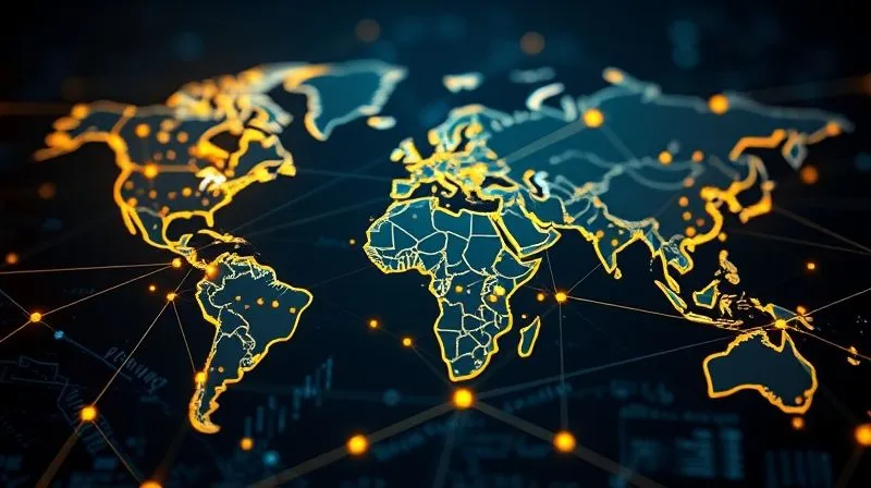 A photorealistic, abstract image of glowing lines and nodes connecting across a digital map of the world, symbolizing a blockchain network tracking gold. The lines lead from a stylized mine icon to a delicate jewelry piece. Professional photography, 8K, cinematic lighting, sharp focus on the interconnected lines, depth of field blurring the background, shot on a high-end DSLR, conveying security and global transparency.