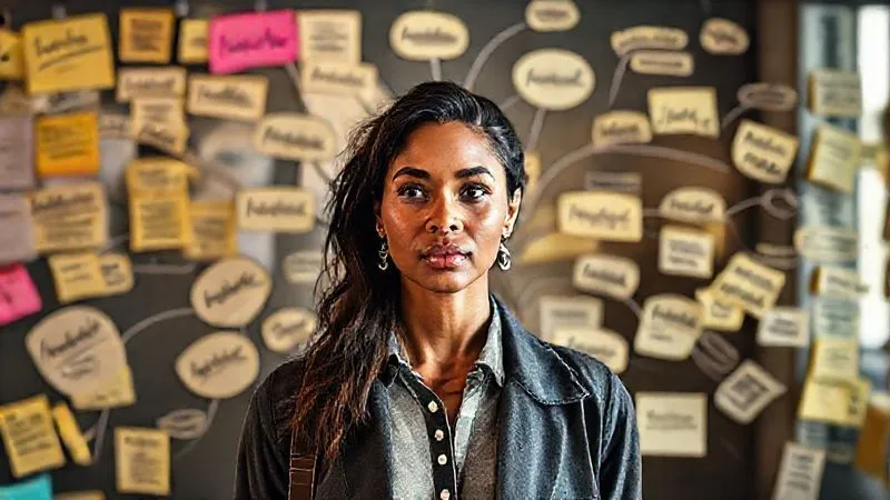 A photorealistic, professional photography, 8K, cinematic lighting, sharp focus, depth of field, shot on a high-end DSLR image of a detailed audience persona map, with sticky notes and mind maps connecting 'fashion interests' to 'lifestyle aspirations' like travel, home decor, and wellness. The central figure is a diverse female avatar, representing the target audience, surrounded by thought bubbles.