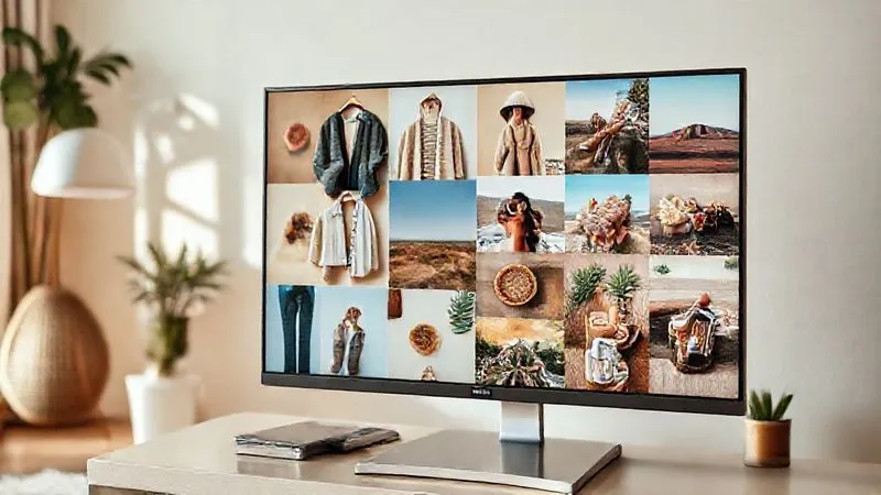 A photorealistic, professional photography, 8K, cinematic lighting, sharp focus, depth of field, shot on a high-end DSLR image of a digital mood board displayed on a clean monitor, showcasing a blend of fashion imagery (stylish outfits, accessories) seamlessly integrated with lifestyle elements (cozy home interiors, healthy food, travel scenes, wellness activities). The overall aesthetic is cohesive, warm, and inviting, with a consistent color palette.