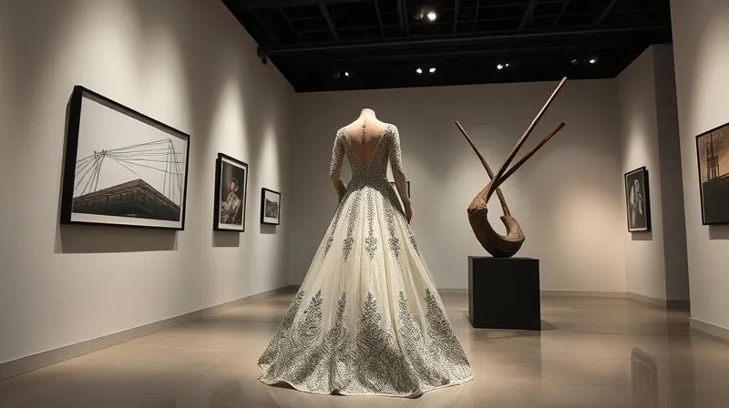 Photorealistic, professional photography, 8K, cinematic lighting, sharp focus, depth of field, shot on a high-end DSLR. A haute couture gown, meticulously crafted with traditional embroidery, is displayed within a modern art gallery space, interacting with a contemporary abstract sculpture. The lighting highlights the intricate details of the gown and the bold lines of the sculpture, symbolizing a harmonious and elevated artistic collaboration. Emotionally resonant with the idea of shared creativity and expanded artistic boundaries.
