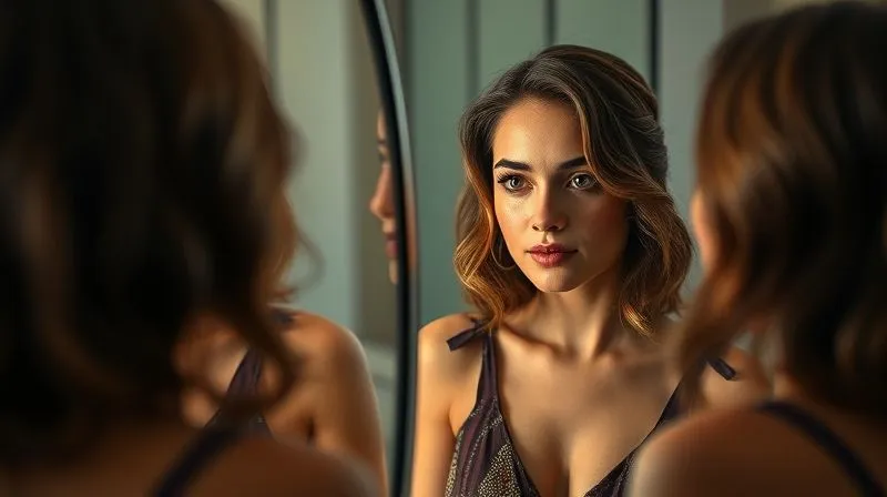 A photorealistic image of a woman looking at her reflection in a mirror, one side of the mirror shows her past, more youthful style, while the other side shows a more mature, refined, and confident version of her current style. The lighting is soft and reflective, emphasizing personal growth and self-discovery. 8K, cinematic lighting, sharp focus, depth of field.