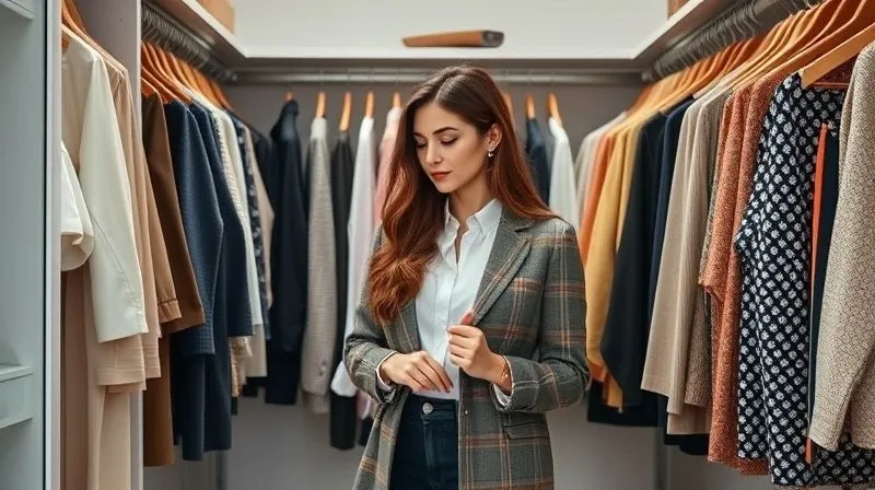 A photorealistic image of a fashion blogger in a beautifully organized walk-in closet. On one side, classic, familiar clothes are neatly arranged. On the other side, a few new, distinct pieces are subtly integrated into the display, catching the eye. The blogger is thoughtfully selecting an item, representing the gradual integration of new style elements. Soft, natural light fills the space. 8K, cinematic lighting, sharp focus, depth of field.