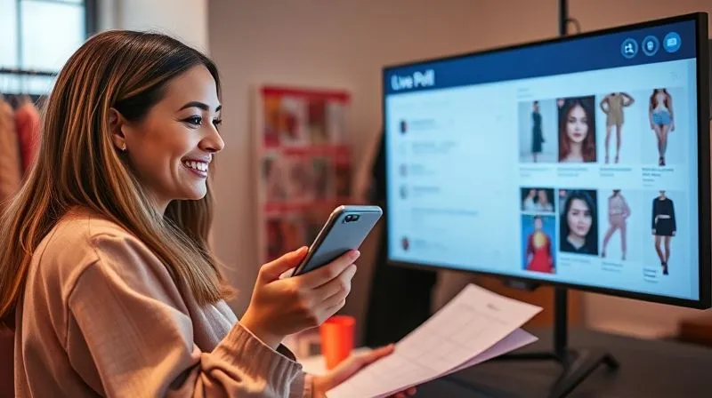 A photorealistic image of a fashion blogger smiling, holding a smartphone, looking at a screen displaying a live poll with audience responses, surrounded by subtle fashion elements like fabric swatches and sketches. The atmosphere is collaborative and inviting, with soft, diffused lighting. 8K, cinematic lighting, sharp focus, depth of field.