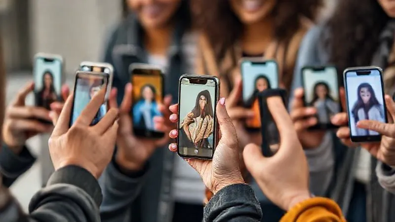 A photorealistic image of diverse hands holding up smartphones, displaying various personal style outfits from a community, unified by a subtle theme. Soft, natural light, sharp focus on the screens, depth of field, 8K hyper-detailed.