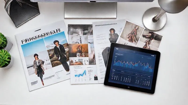 A photorealistic flat lay of fashion trend reports, design magazines, and a tablet displaying analytics data, all artfully arranged on a minimalist desk. Professional studio lighting, sharp focus on details, 8K hyper-detailed.