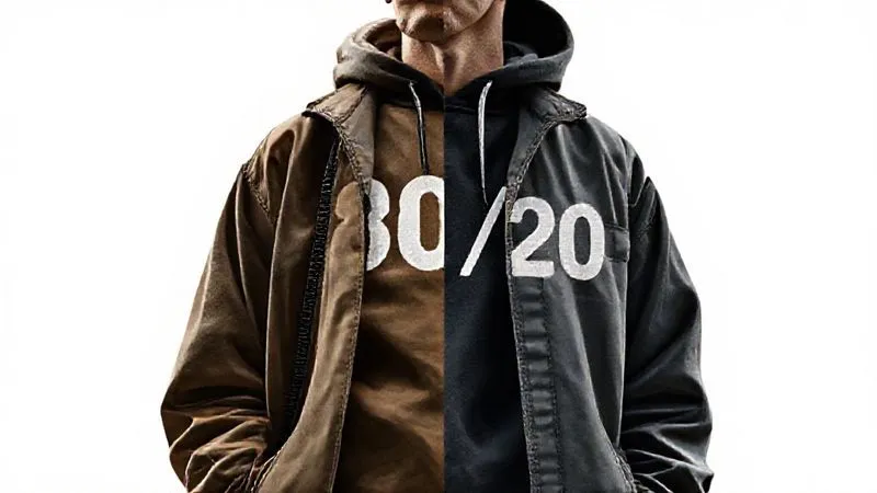 A photorealistic collage illustrating the '80/20 rule' in streetwear fashion. 80% of the image shows classic, timeless streetwear garments in a brand's signature style, while 20% shows innovative, subtly integrated new trends like sustainable fabrics or techwear elements. Cinematic lighting, sharp focus, depth of field, 8K hyper-detailed, professional photography, shot on a high-end DSLR.