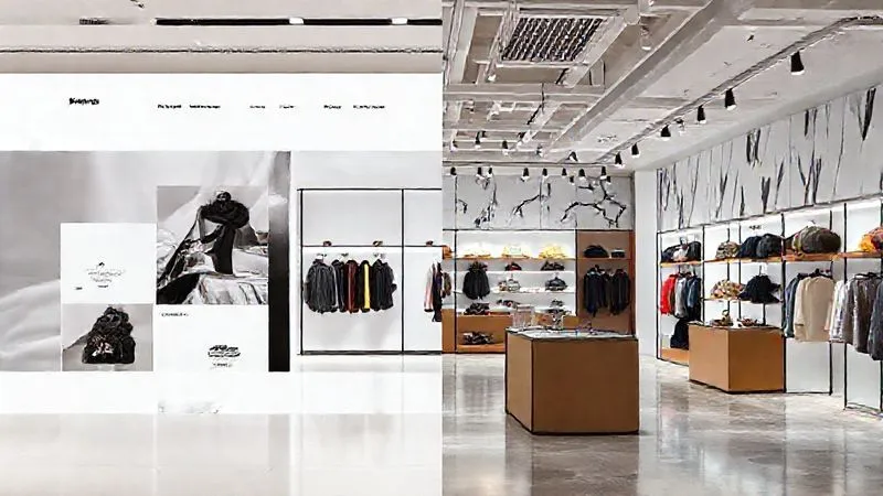 A photorealistic split image showing seamless brand consistency. On one side, a sleek, modern streetwear website design; on the other, a corresponding physical retail store interior with matching aesthetics, colors, and visual elements. Cinematic lighting, sharp focus, depth of field, 8K hyper-detailed, professional photography, shot on a high-end DSLR.