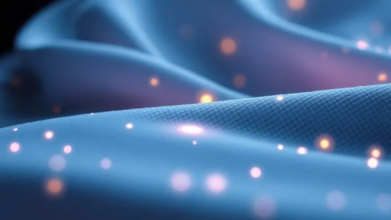 A photorealistic conceptual image of a futuristic textile, glowing subtly with integrated micro-sensors and self-repairing properties, symbolizing advanced smart fabric technology. 8K, cinematic lighting, sharp focus, depth of field, shot on a high-end DSLR.