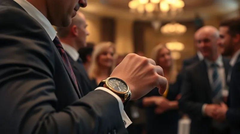 Photorealistic, professional photography, 8K, cinematic lighting, sharp focus on a man's hand subtly adjusting his watch during a networking event, other professionals in soft focus in the background, elegant attire, shot on a high-end DSLR.