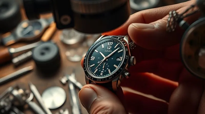 Photorealistic, professional photography, 8K, cinematic lighting, sharp focus on a vintage men's watch being carefully inspected under a magnifying loupe, a hand holding the watch, soft background of watch tools and parts, shot on a high-end DSLR.