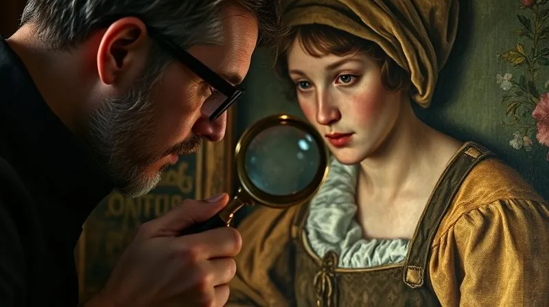 A photorealistic image of a researcher meticulously examining an antique, faded 17th-century Dutch genre painting, focusing on the intricate details of a peasant's worn clothing, with a magnifying glass in hand, cinematic lighting, 8K hyper-detailed, professional photography.