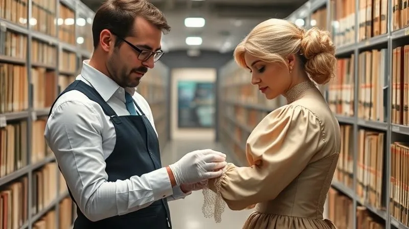 A photorealistic image of a costume designer in a brightly lit museum archive, consulting with a knowledgeable curator about a meticulously preserved historical garment, both examining a delicate sleeve detail through white gloves, sharp focus on their hands and the garment, 8K hyper-detailed, professional photography.