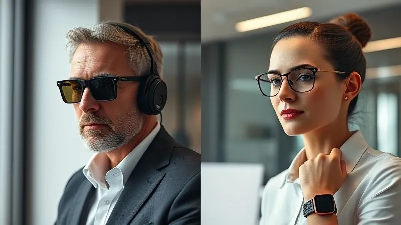 Photorealistic, professional photography, 8K, cinematic lighting, sharp focus, depth of field, shot on a high-end DSLR. A side-by-side comparison: on the left, a professional looking overwhelmed and distracted by multiple bulky, brightly lit tech gadgets; on the right, the same professional looking calm, focused, and confident, wearing only subtle, elegant, and barely noticeable smart accessories. The background is a modern, minimalist office setting.