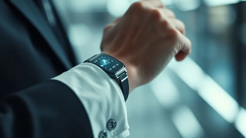 Photorealistic, professional photography, 8K, cinematic lighting, sharp focus, depth of field, shot on a high-end DSLR. A conceptual image of the future of discreet tech: a close-up on a professional's wrist, where a subtle, almost invisible shimmer suggests an embedded smart interface or a seamlessly integrated smart fabric. The background is blurred, futuristic, and sophisticated, emphasizing advanced, unobtrusive technology.