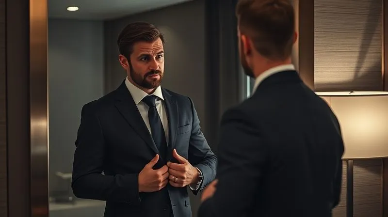 A well-dressed man in a dimly lit, high-end hotel room, standing in front of a full-length mirror, meticulously examining the fit of his dark suit jacket with a focused, slightly concerned expression. His hands are adjusting the lapel. Photorealistic, professional photography, 8K, cinematic lighting, sharp focus on the man and his reflection, depth of field, shot on a high-end DSLR.