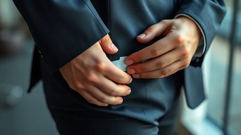 A close-up, photorealistic image of a man's hands, in a professional setting, meticulously applying double-sided fashion tape to the inside of a dark suit trouser hem. The trousers are neatly folded to the correct length. The background is softly blurred, indicating an urgent pre-meeting preparation. 8K, cinematic lighting, sharp focus on the hands and fabric, depth of field, shot on a high-end DSLR.
