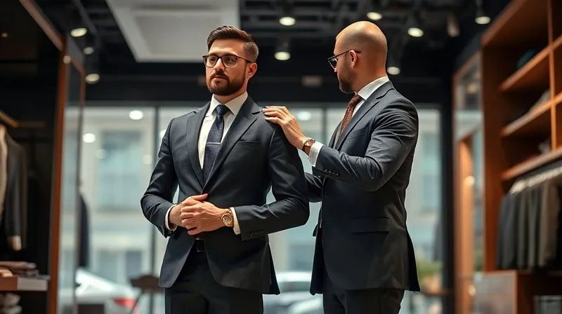 A photorealistic, professional photography shot of a confident, well-dressed businessman standing in a modern, brightly lit tailor's shop, being meticulously measured for a suit jacket by a skilled tailor. The tailor is focused on the shoulder area, and the man looks poised and ready. 8K, cinematic lighting, sharp focus on the interaction and suit, depth of field, shot on a high-end DSLR.