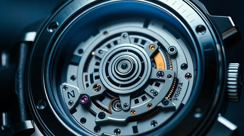 A photorealistic, professional photography, 8K, cinematic lighting, sharp focus, depth of field, shot on a high-end DSLR close-up of an intricate automatic watch movement, showcasing the oscillating rotor and the mainspring barrel through a sapphire case back, with gears and jewels visible, emphasizing precision and craftsmanship. The lighting highlights the metallic sheen and mechanical complexity.