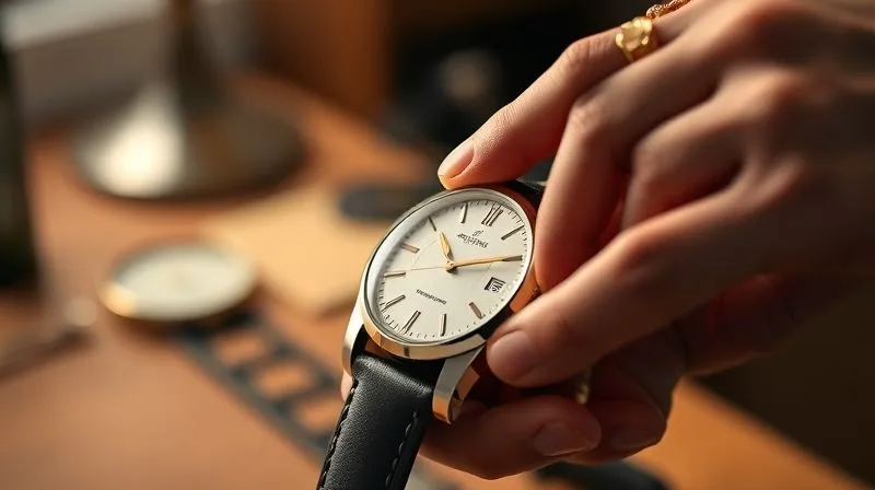 A photorealistic, professional photography, 8K, cinematic lighting, sharp focus, depth of field, shot on a high-end DSLR close-up of a person's hands gently winding the crown of a classic automatic watch. The background is a soft-focus, elegant workspace, highlighting the delicate action and the precision of the watch. The lighting is warm and inviting.