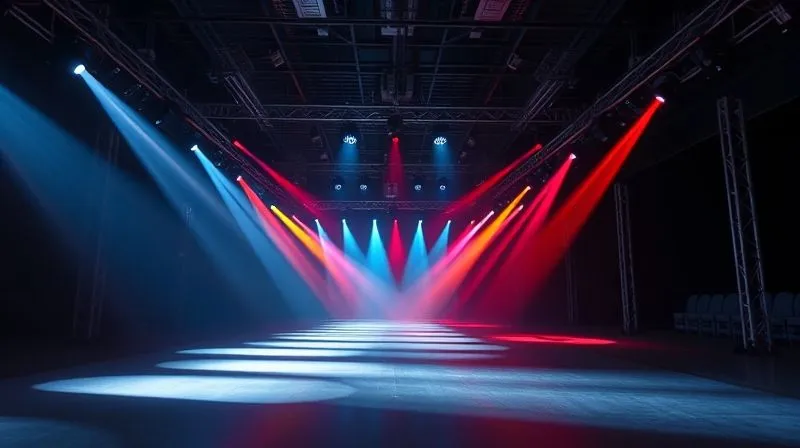 A photorealistic, professional photography, 8K, cinematic lighting, sharp focus, depth of field shot illustrating a complex runway lighting setup. Multiple colored stage lights are visible, casting dramatic, intersecting beams across an empty runway. The scene suggests the challenge of varied light sources and intensity, with a hint of haze in the air to catch the light. Shot on a high-end DSLR.