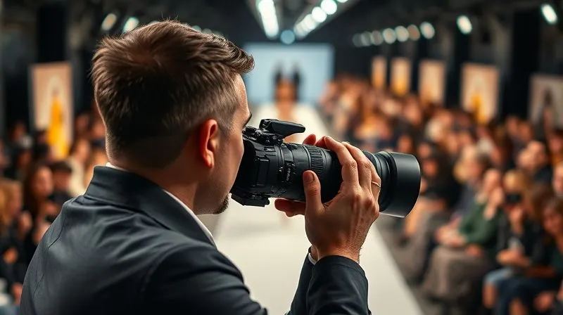 A photorealistic, professional photography, 8K, cinematic lighting, sharp focus, depth of field shot from a slightly elevated position overlooking a bustling fashion runway. The frame captures a photographer in the media pit, intensely focused through their long lens, demonstrating strategic positioning and concentration. Models are blurred in the background, emphasizing the photographer's perspective. Shot on a high-end DSLR.