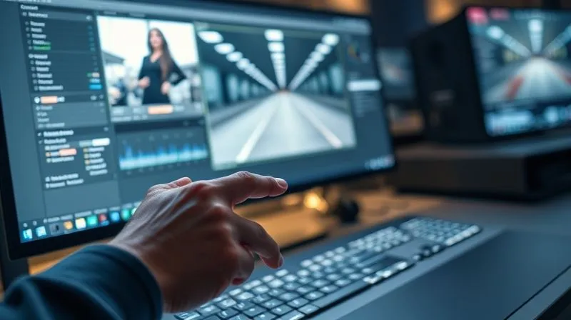 A photorealistic, professional photography, 8K, cinematic lighting, sharp focus, depth of field shot of a digital workstation. A hand is subtly adjusting sliders in a photo editing software interface (like Lightroom or Capture One) on a large monitor, with a slightly blurry runway photo being sharpened and denoised. The screen glow illuminates the hand and keyboard, suggesting intricate post-processing work. Shot on a high-end DSLR.