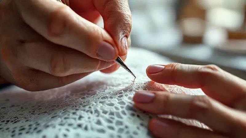 Photorealistic, professional photography, 8K, cinematic lighting, sharp focus, depth of field, shot on a high-end DSLR. Close-up of an artisan's hands, with extreme precision, using tiny tweezers and a magnifying glass to perform invisible mending on a delicate, intricately embroidered lace fabric. The repair is so subtle it's almost impossible to discern. The background is a softly blurred atelier setting.