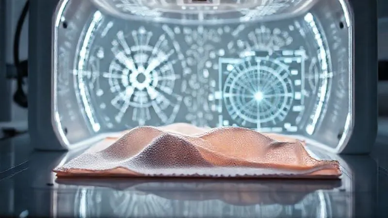 Photorealistic, professional photography, 8K, cinematic lighting, sharp focus, depth of field, shot on a high-end DSLR. A futuristic, minimalist laboratory setting. A delicate haute couture fabric swatch is placed under a sophisticated, glowing AI scanner with intricate light patterns projected onto it. A digital interface on a transparent screen shows detailed, magnified analyses of the fabric's structure, highlighting subtle anomalies. The scene conveys precision and advanced technology.